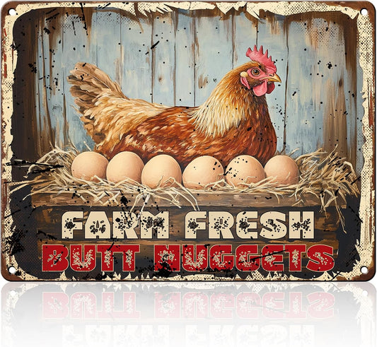 Chicken Coop Signs Funny Metal Signs Chicken Decor Farm Rooster Yard Decor Vintage Tin Sign Chicken Decorations For Home Farm Fresh Butt Nuggets Sign 12x16 Inch