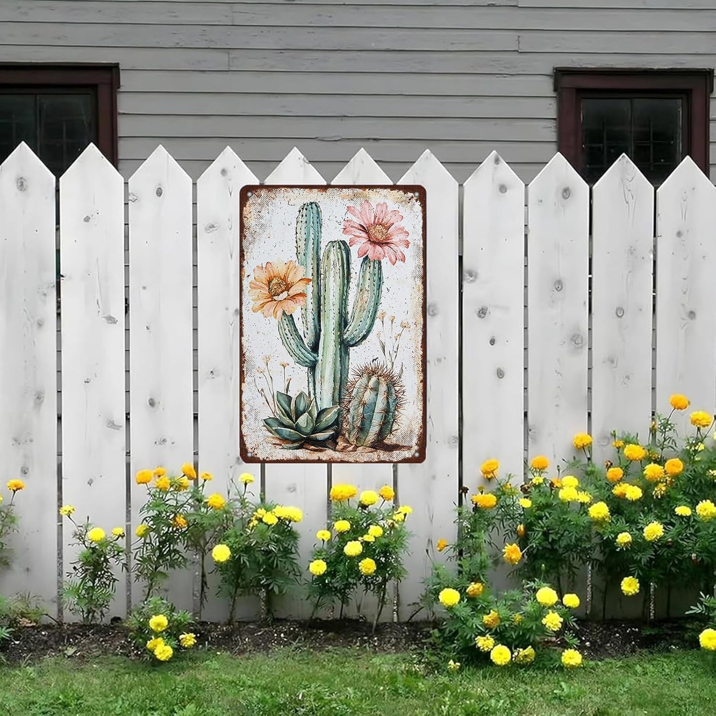 Bouquet Square Vintage Tin Sign Cactus Wall Art Cacti Art Wall Sign Decor for Home Kitchen Garage Outdoor Yard Farmhouse 8x12 Inch