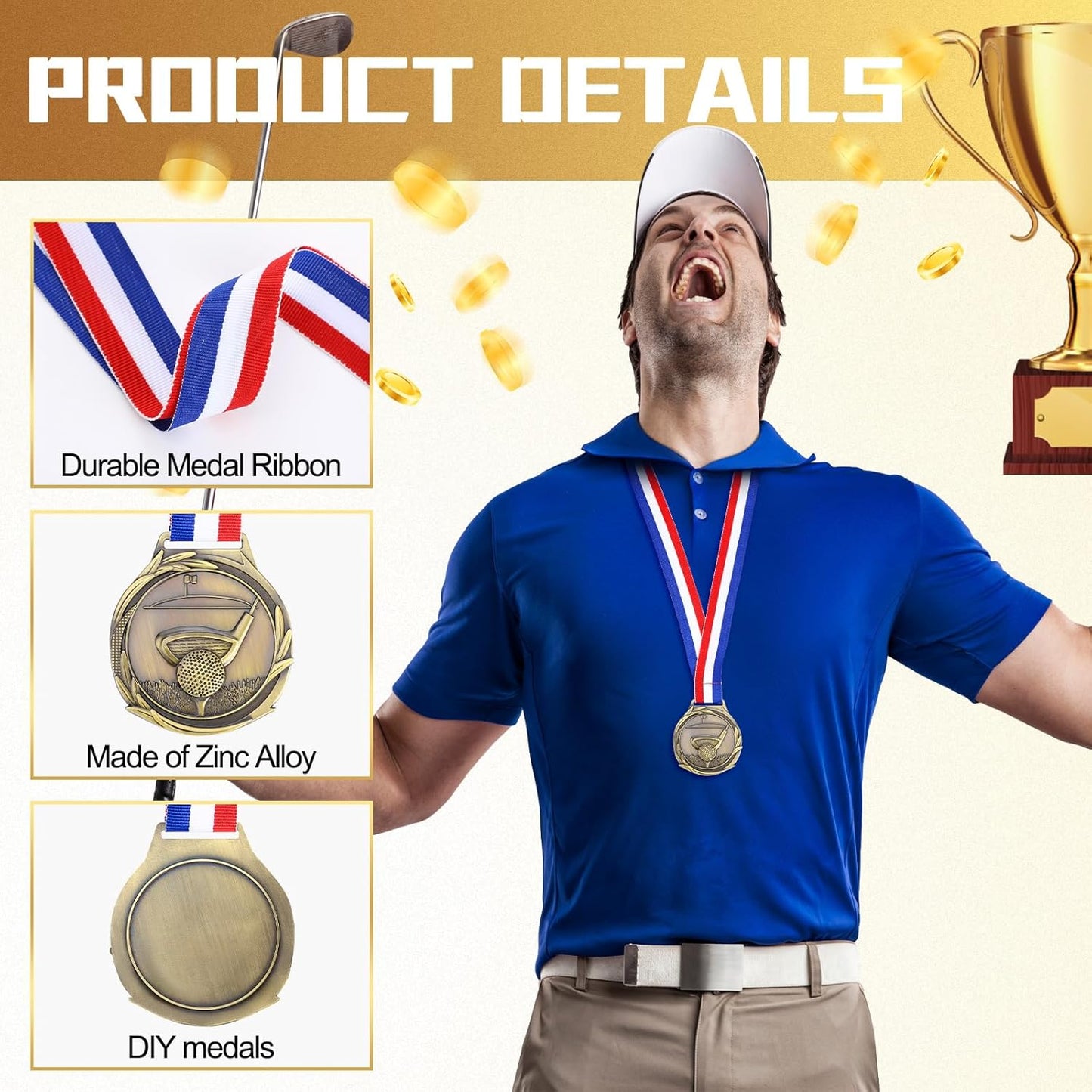 30 Pcs Golf Award Medals 2 Inch Bronze Color Tournament Medallion Zinc Alloy Golf Trophy Golf Tournament Prizes with Neck Ribbon for Adults Golf Tournament