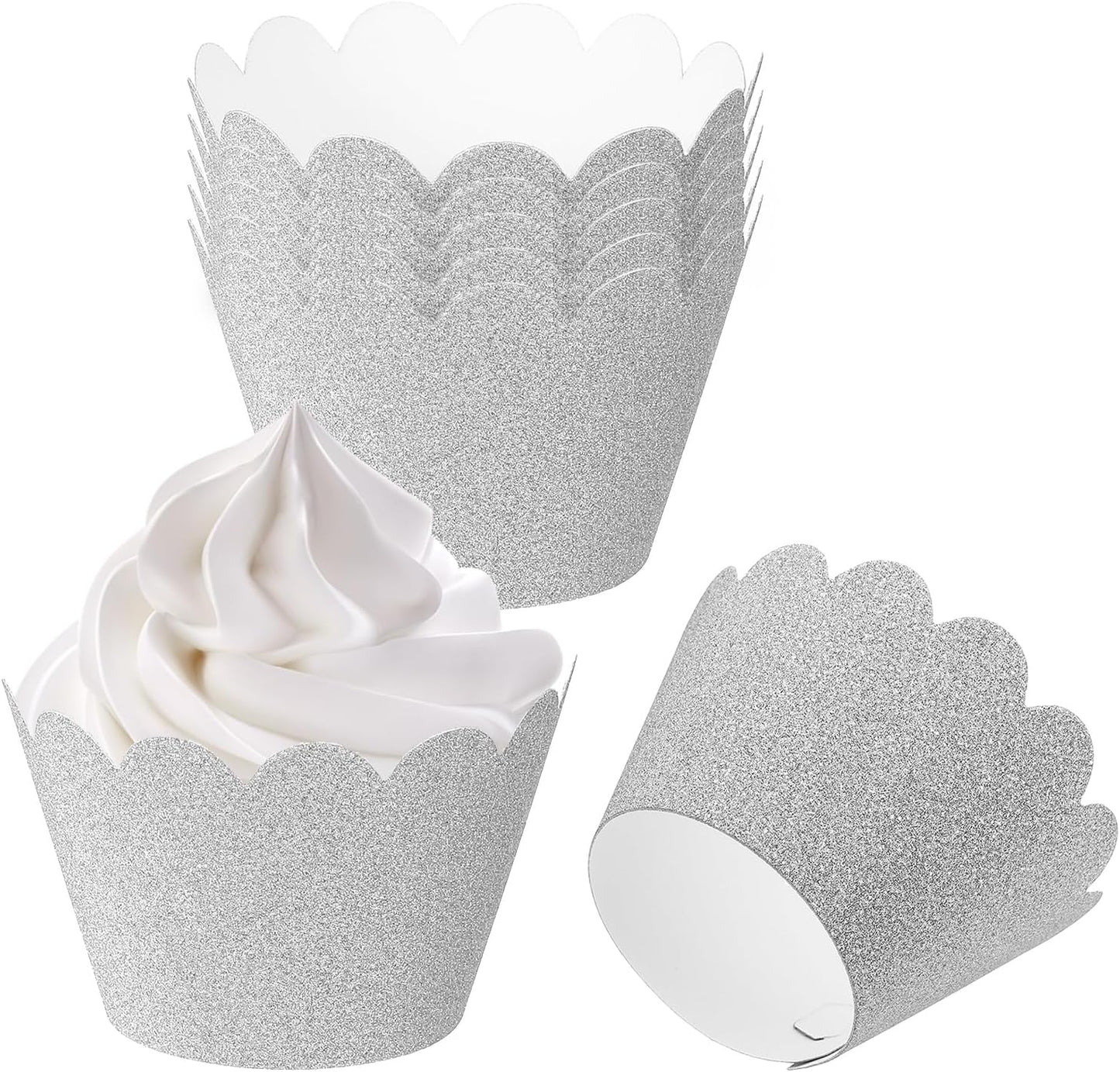 PATIKIL Cupcake Wrappers Paper, 50 Pack Baking Cups Standard Wave Decoration for Anniversary Birthday Weddings and Parties, Light Silver