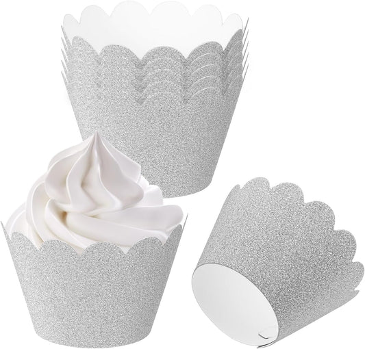 PATIKIL Cupcake Wrappers Paper, 50 Pack Baking Cups Standard Wave Decoration for Anniversary Birthday Weddings and Parties, Light Silver