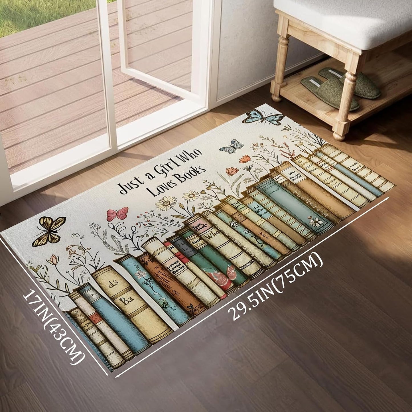 Just a Girl Who Loves Books Indoor Door Mat,Reader Floral and Butterfly Floor Doormat,17x29.5in,Non Woven Non Slip Rubber Backing Rug for Porch Insider,Kitchen,Doormats Gifts,Rv Camper Decor