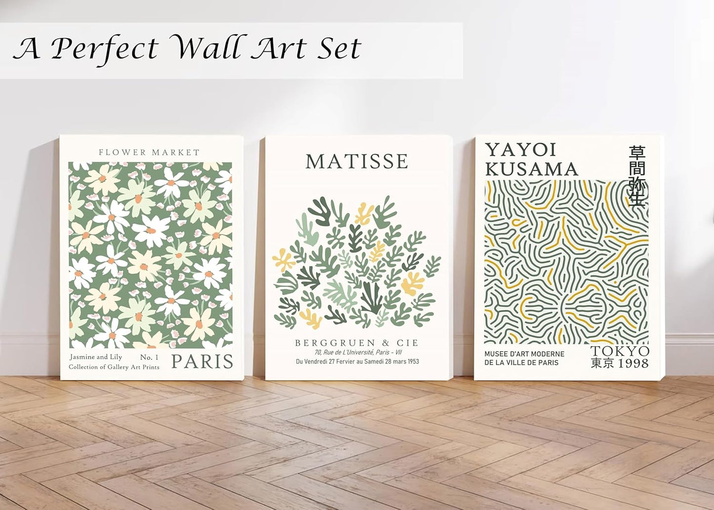 Induslyfe Framed Green Wall Art Canvas Decor Set of 3, Matisse Wall Art Framed Prints Posters Mid Century Modern Art, Aesthetic Floral Botanical wall art for bedroom, living room bathroom 12x16
