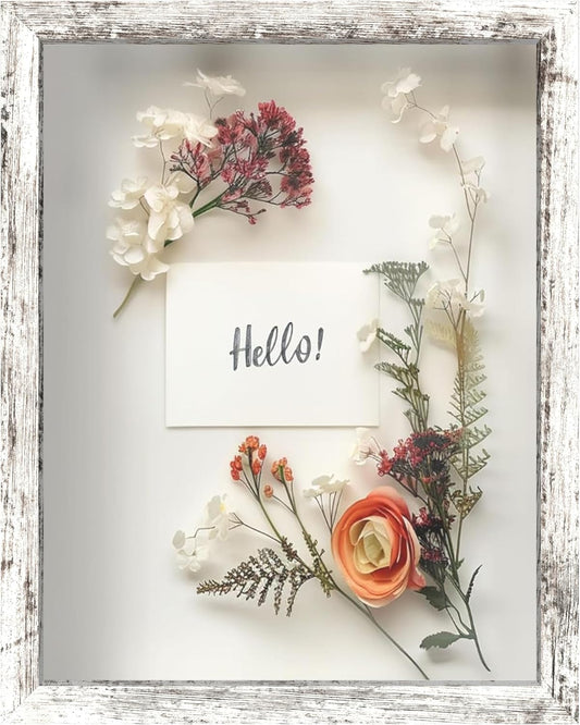 FrameWorks 11x14 Driftwood Wooden Shadow Box Frame – Soft Felt Back, Tempered Glass, and Included Elegant White Ball Push Pins