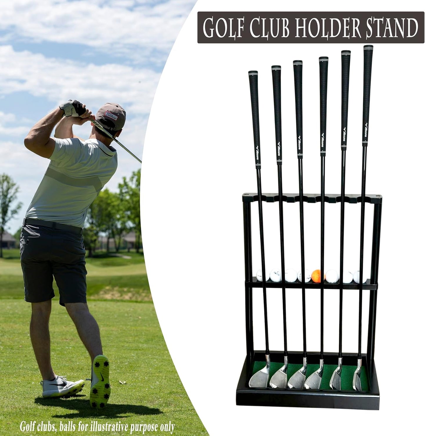 Golf Club Holder Stand, Wooden Golf Putter Stand Floor Display Rack, Golf Club Organizer Hold up to 6 Clubs and Ball Storage, Putter Rack for Indoor Club Simulator or Office