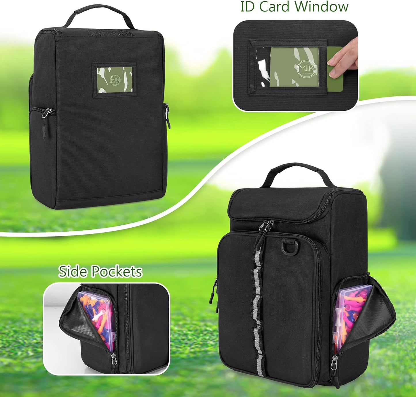 Golf Shoe Bag Holds A Pair of Shoes US Mens 14, Golf Shoe Carrier with Free Gloves Holders (A Pair), Front and Side Accessory Pockets for Tees, Gloves and Ball, Black