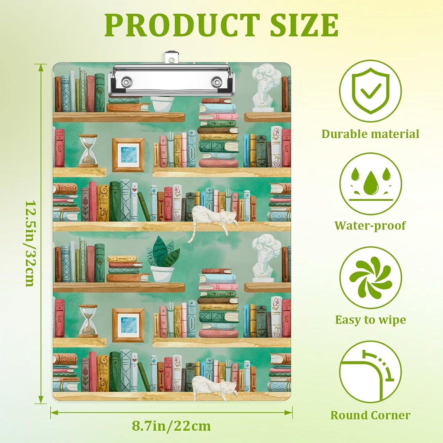 Cat Bookshelves Clipboard,Decorative Acrylic Clipboard with Low Profile Metal Clip for Office,School,Teachers,Students Standard Letter Size 9x12.5