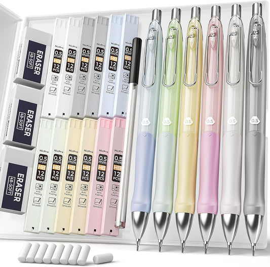 Nicpro 6PCS Pastel Mechanical Pencil Set 0.5 mm, Cute Mechanical Pencils with Comfort Grip with 12 Tubes HB Lead Refill, 3 Eraser, 9 Eraser Refills for Student Writing, Drawing, Sketching- with Case