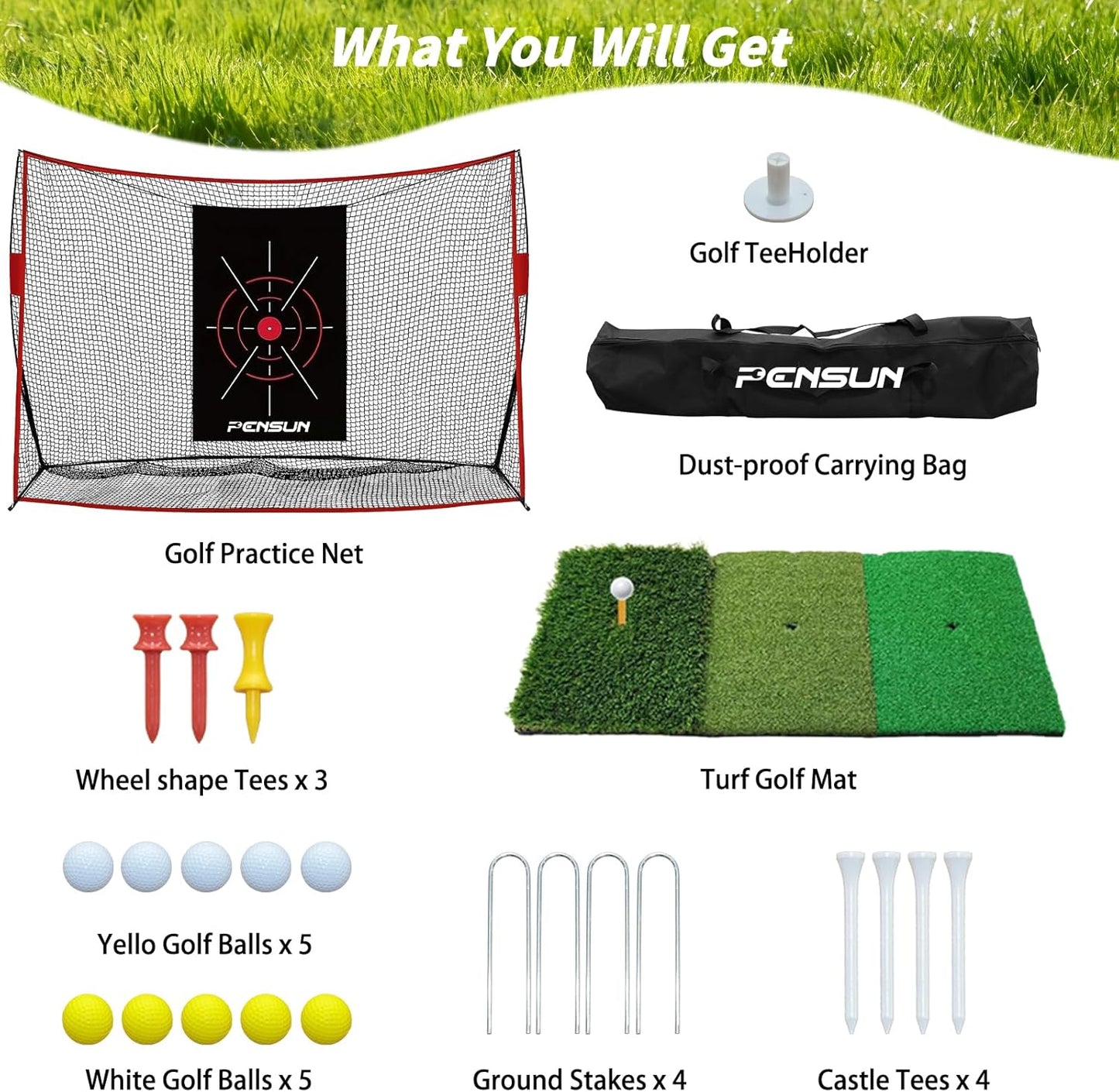 PENSUN Golf Practice Hitting Net - 10x7ft Heavy Duty Golf Net with Mat, Target Cloth, 8 Tees, 10 Balls, Carry Bag for Backyard Driving, Indoor & Outdoor Training
