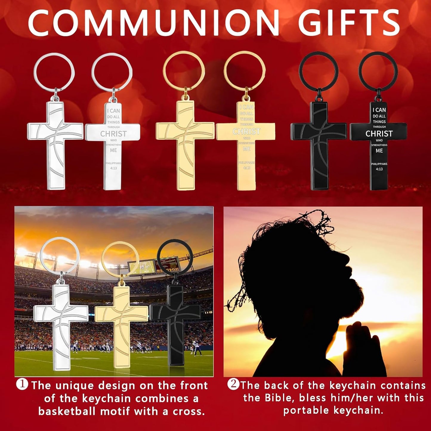 Football/Baseball/Soccer/Basketball Cross Keychains for Men First Communion Baptism Confirmation,Mens Gifts