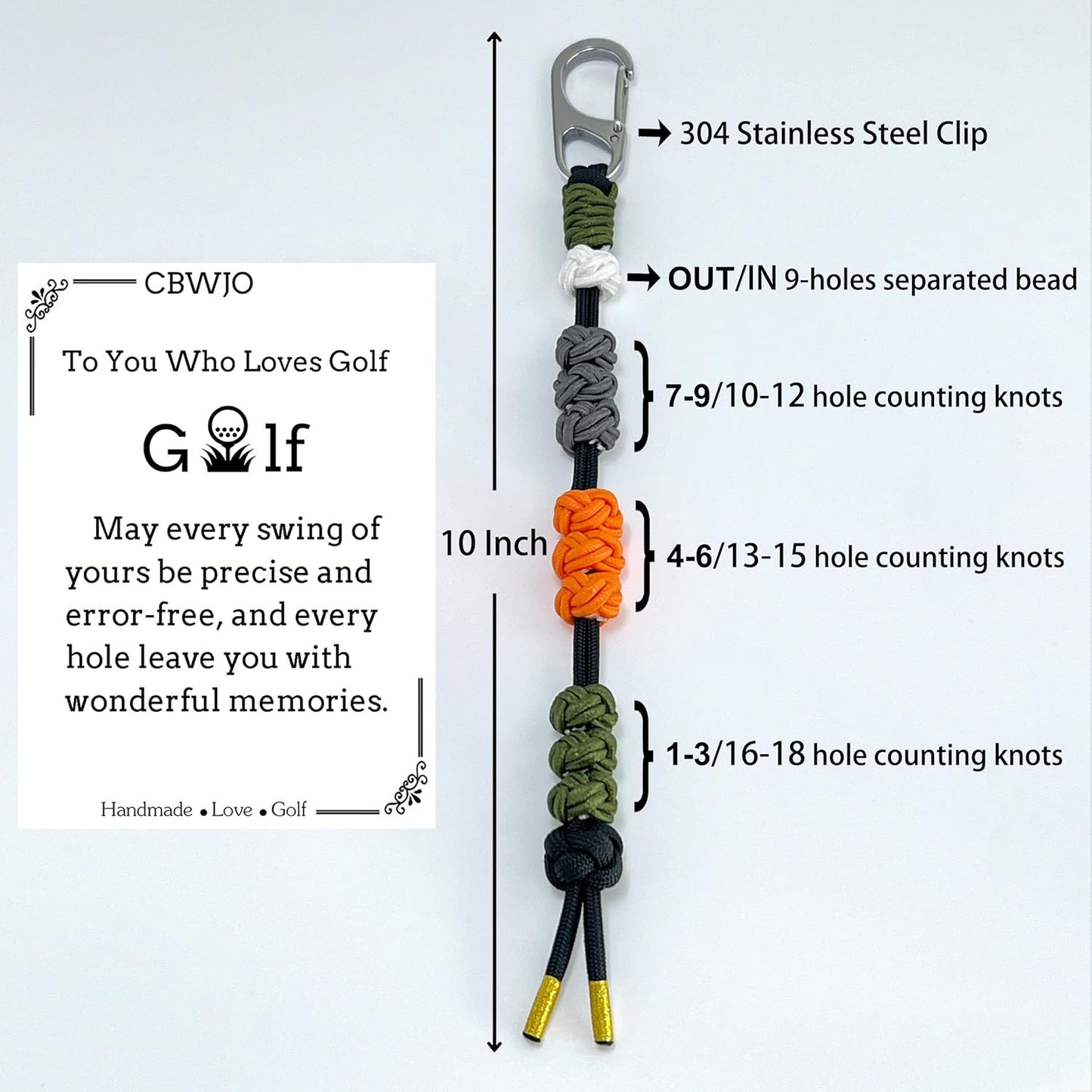 Golf Stroke Counter Keychain| 10 Handwoven Pineapple Knot Beads| 550 lbs Durable Military Paracord| 304 Stainless Steel Hook for Golf Bag/ Belt Accessories| Ideal Holiday Golf Gift for Men and Women