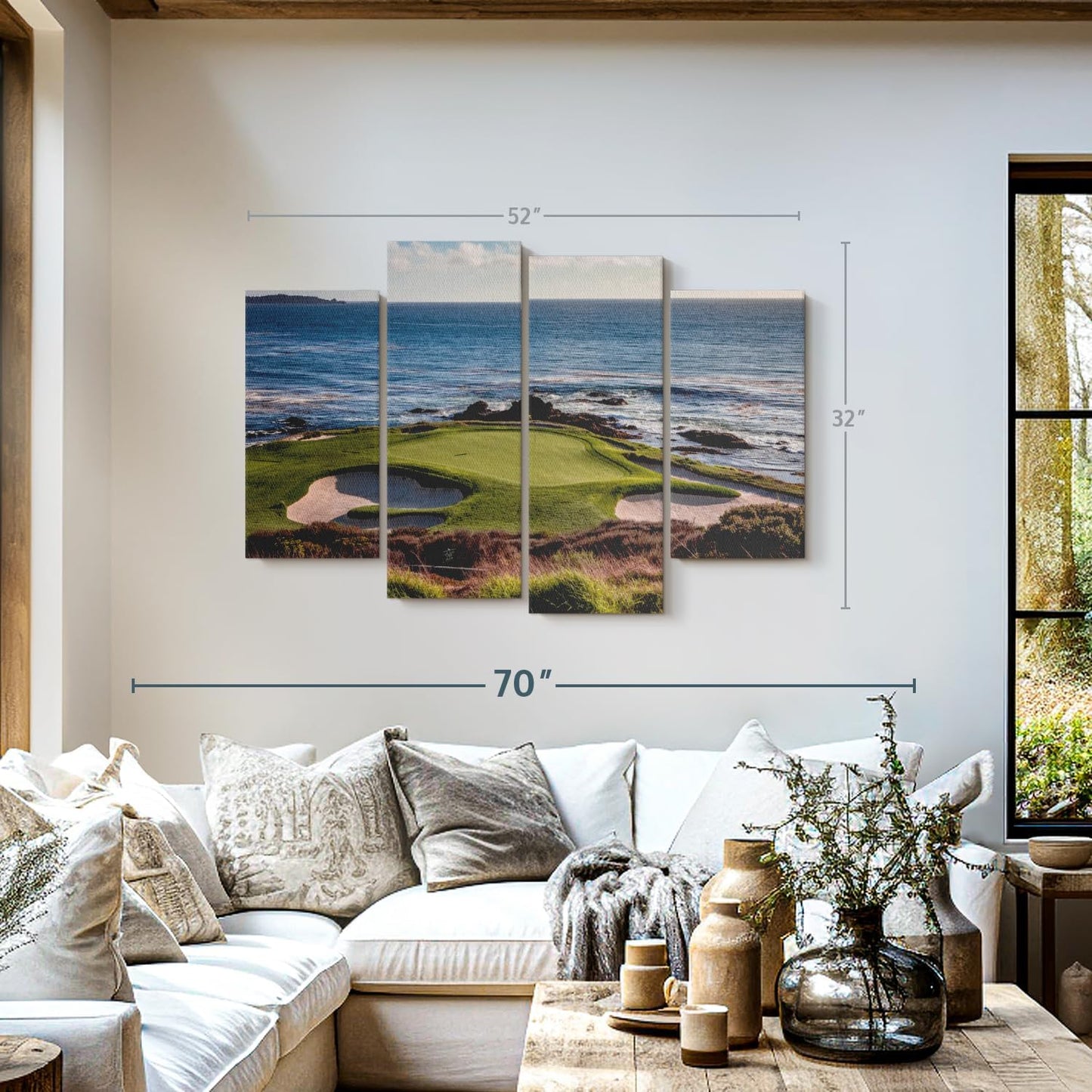 Elephant Stock California Coastline Golf Course Wall Art - Horizontal Canvas - 4-Piece Living Room Wall Decor - Photography Sports Canvas Print - Brown and Beige Decor for Wall - 52" X 32"
