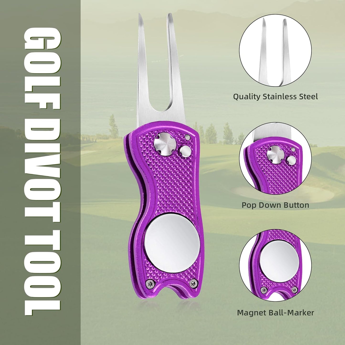 Mile High Life Golf Divot Repair Tool, All Metal Foldable Divot Tool with Pop-up Button & Magnetic Ball Marker, 2-6 Pack
