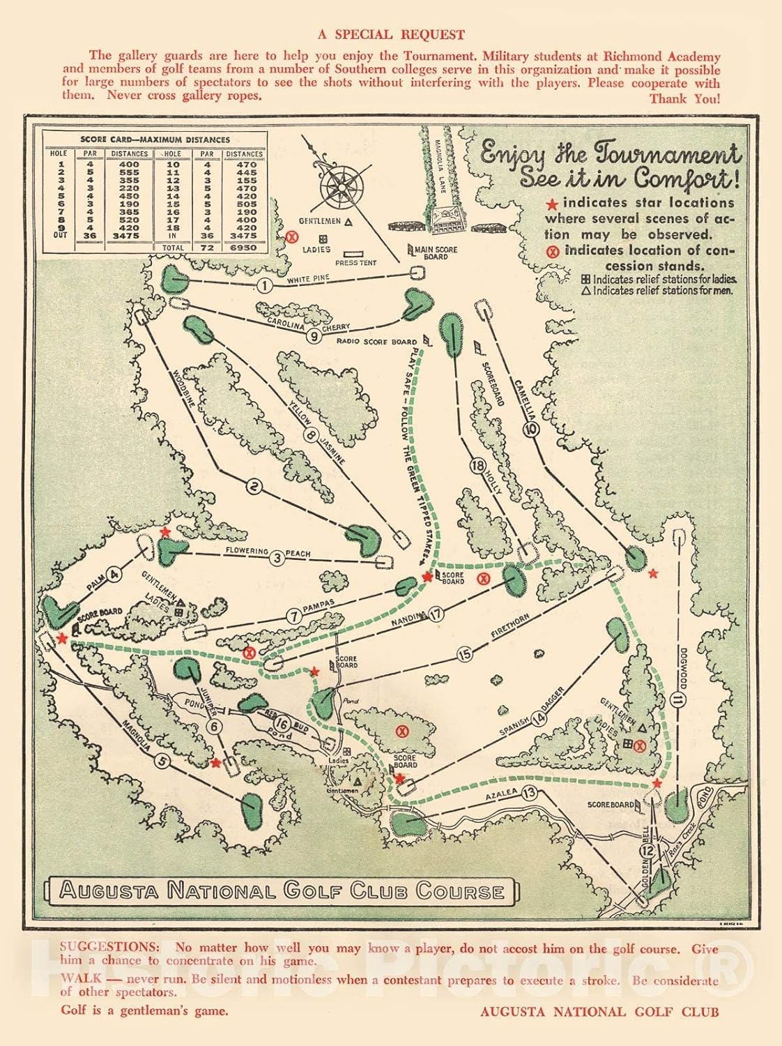 Historic Map - Augusta National Golf Club Course, 1954, Augusta National Golf Club - Vintage Wall Art 24in x 30in