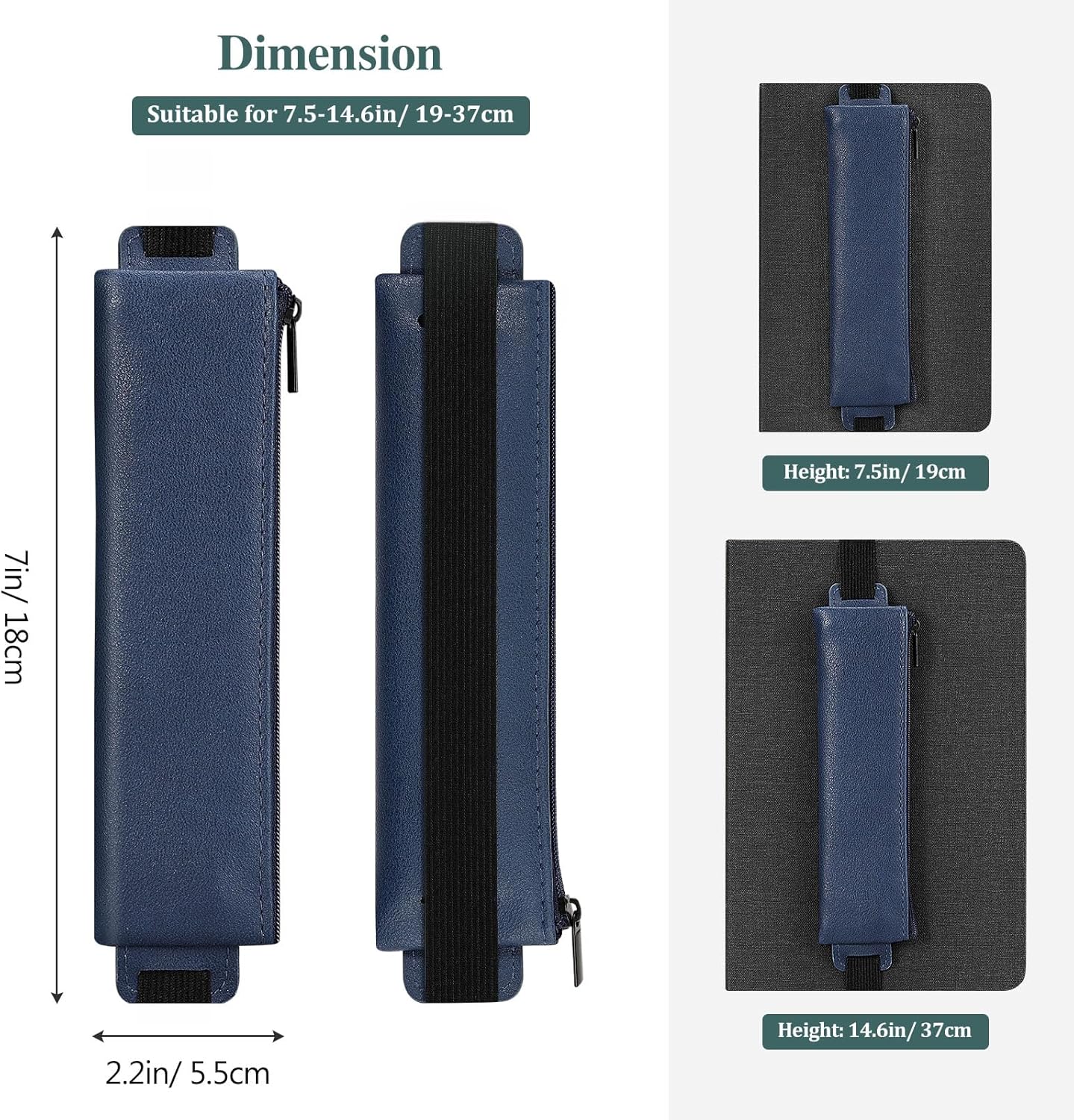 MoKo Elastic Pen Holder for Notebook, 4 Pieces PU Leather Pencil Case with Adjustable Band, Stationery School Supplies Zipper Bag for Planners, Journals, Book