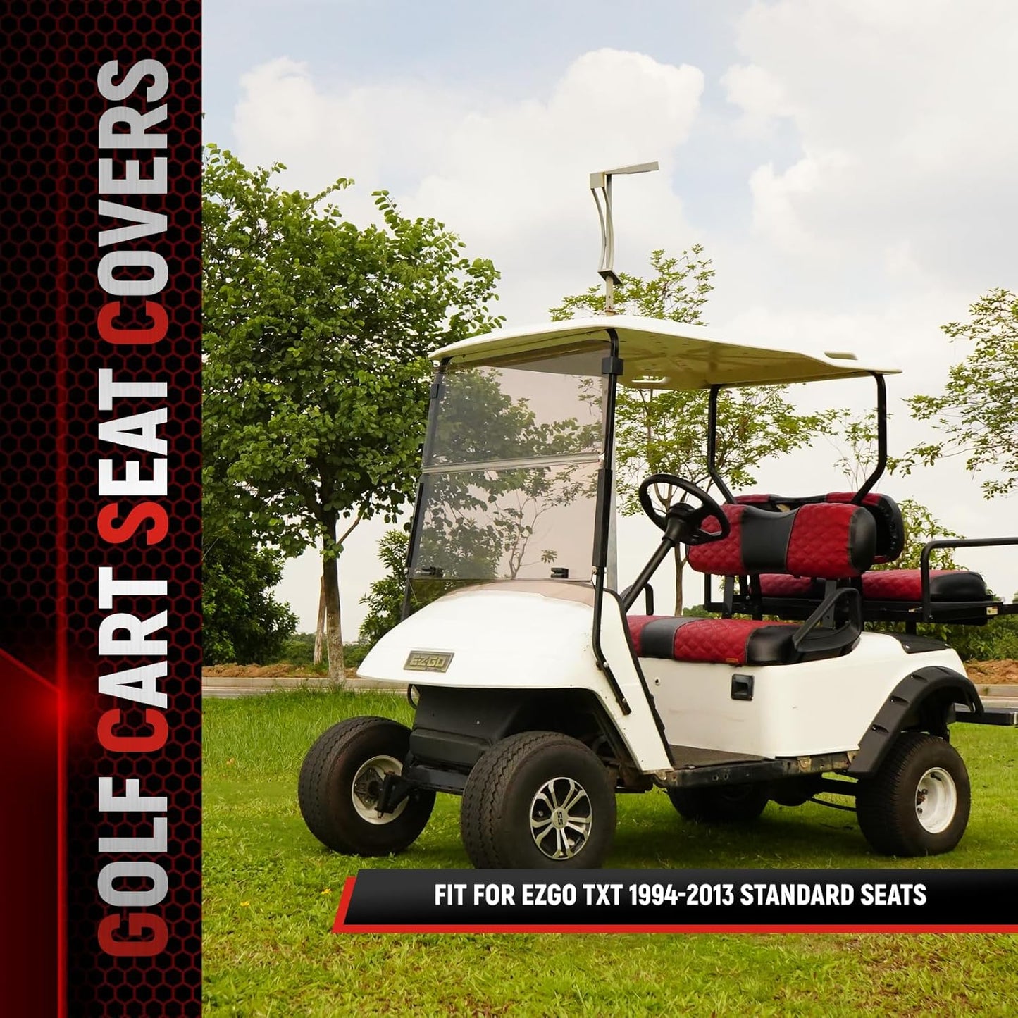 Golf Cart Seat Covers for EZGO TXT 1994-2013 Front OEM Universal Seat Cushion, Marine Grade Vinyl Leather EZGO TXT Seat Covers/Easy to Install-Deep Red (2PCS)