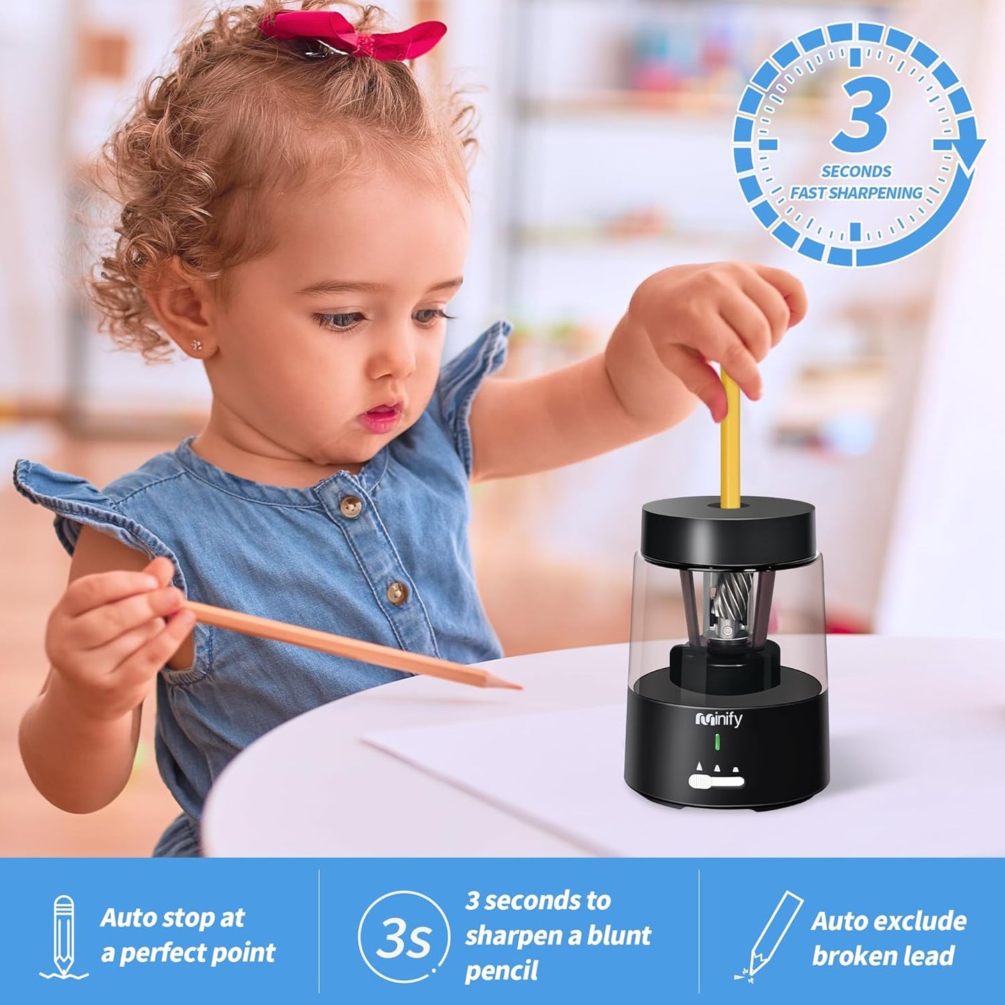 Pencil Sharpener Electric Pencil Sharpener Heavy Duty Blade Rechargeable Battery Powered Pencil Sharpeners for 6-8mm Colored Pencils Auto Stop Fast Sharpen in 3s (Black)