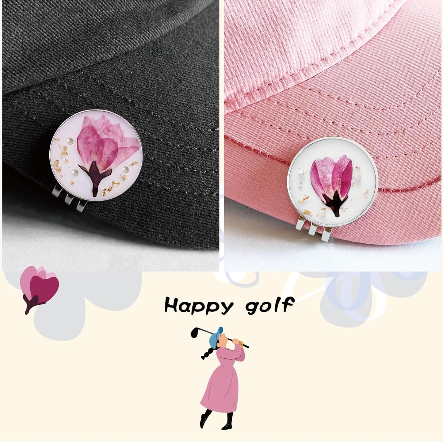 Golf Ball Marker hat Clip with Ball Marker, Handmade Pressed Flower Golf Marker, Golf Gifts, Golf Accessories for Women