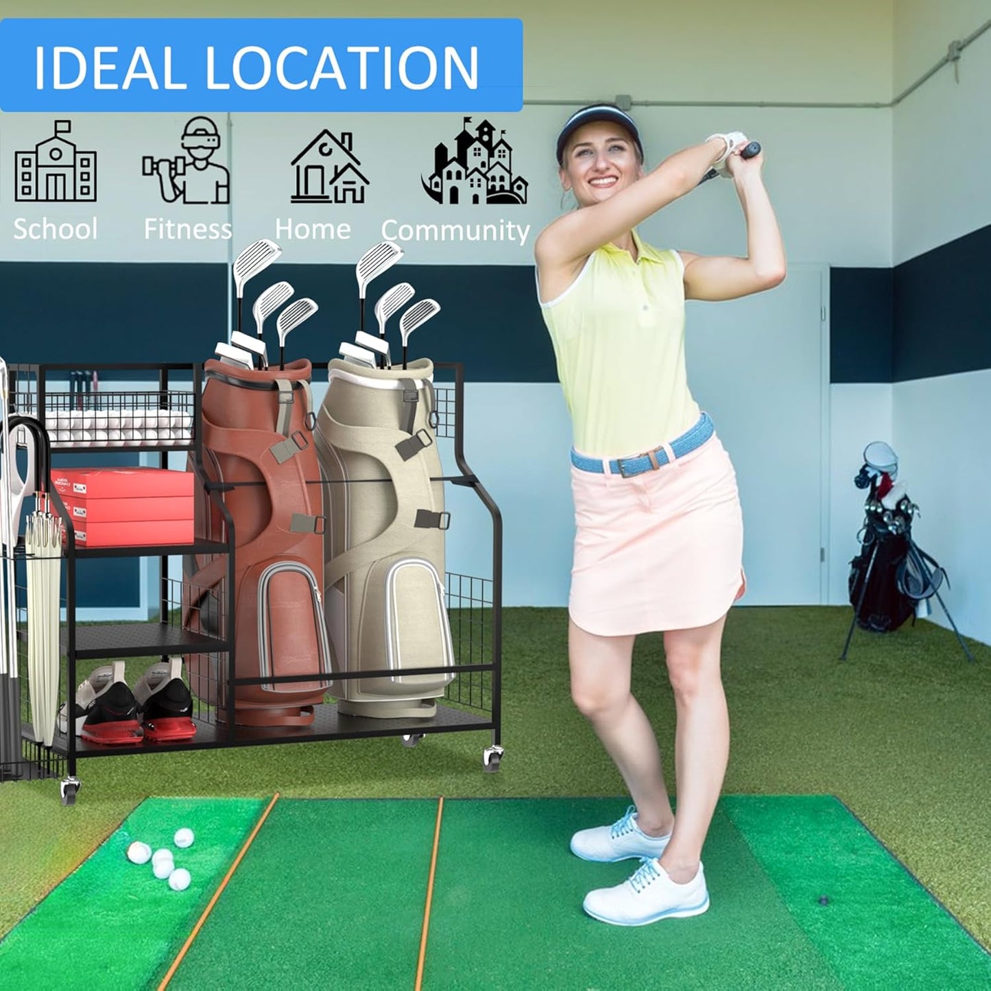 Golf Storage Rack Golf Bag Organizer for Garage, Golf Club Holder Extra Large Golf Bag Stand for 2 Golf Bags、Golf Equipment Accessories