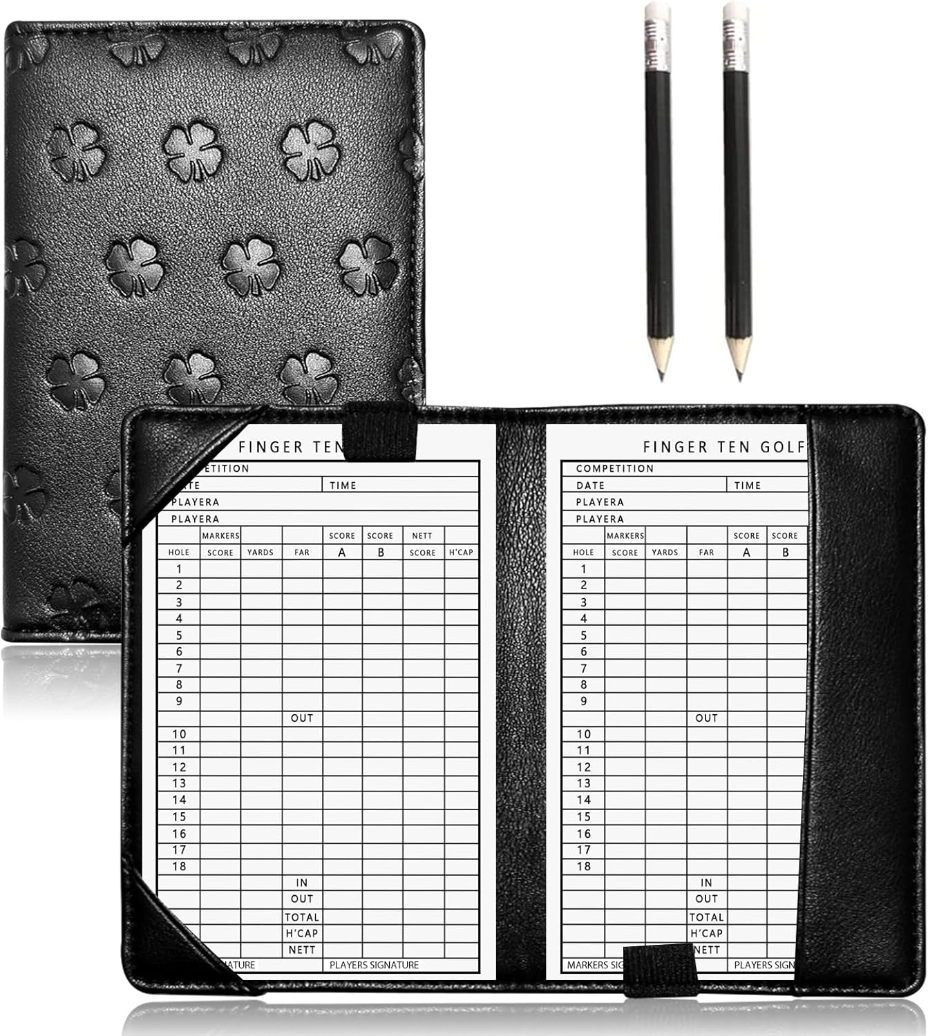 FINGER TEN Golf Scorecard Holder with 2 Free Pencils Value Pack, Premium Leather Yardage Books Cover Weatherproof, Lightweight Portable Score Tracking Accessories for Men Women
