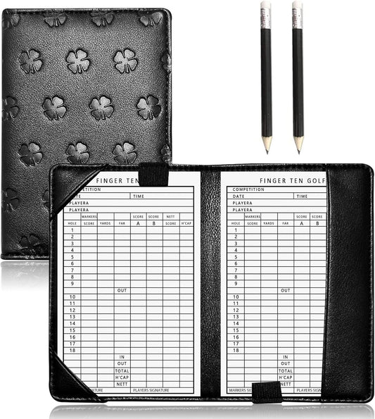 FINGER TEN Golf Scorecard Holder with 2 Free Pencils Value Pack, Premium Leather Yardage Books Cover Weatherproof, Lightweight Portable Score Tracking Accessories for Men Women