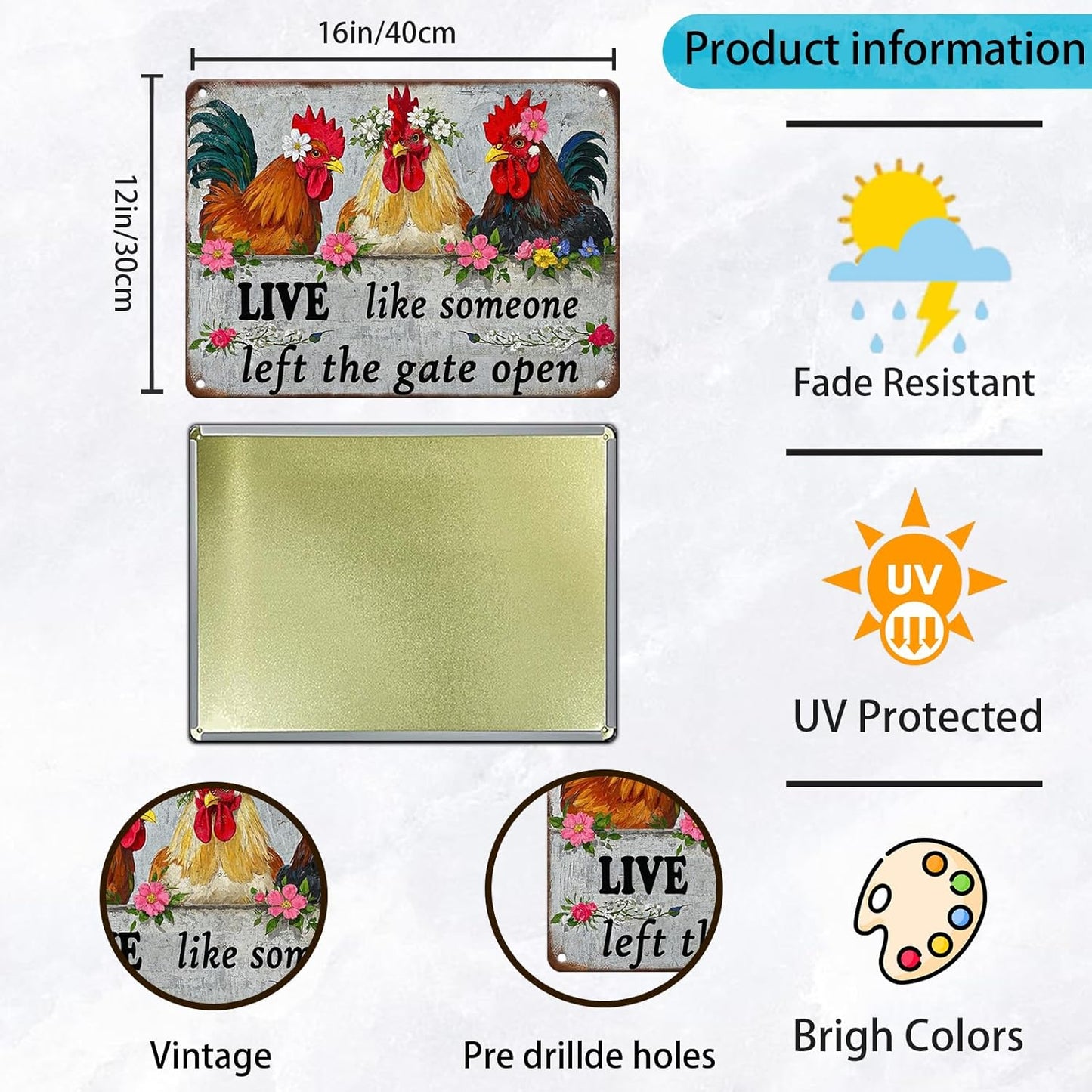 Funny Farmhourse Chicken Coop Metal Tin Signs 12x16 Inch Vintage Chicken Decor Sign Live Like Someone Left The Gate Open Poster Home Kitchen Garden Restaurant Rooster Outdoor Wall Art Decor