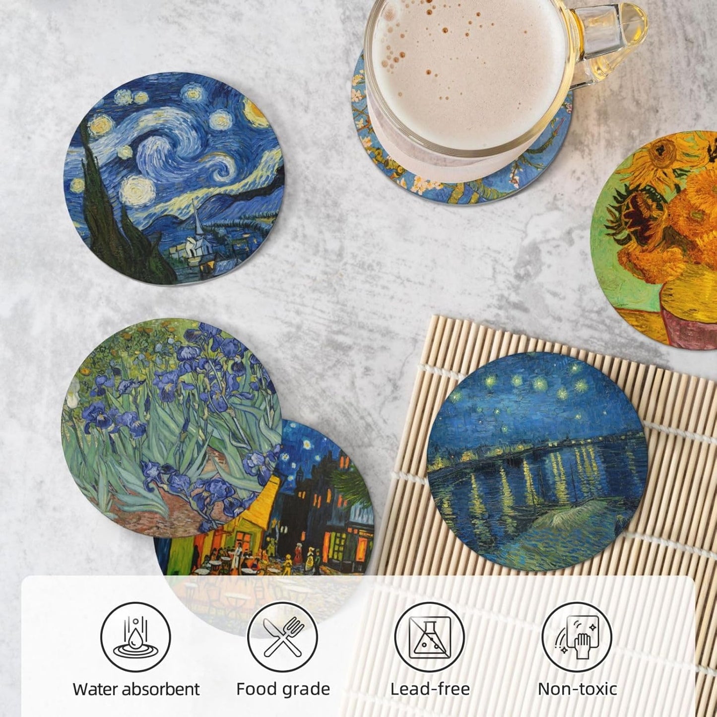 Van Gogh Art Absorbent Drink Coasters with Holder, Set of 6 Ceramic Coasters with Cork Base for Table Decor