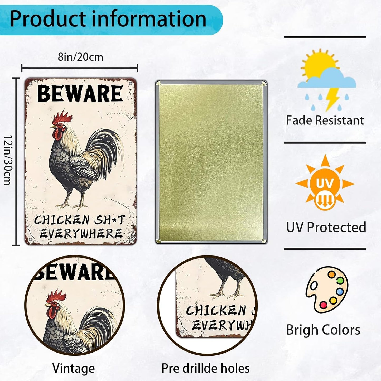 Beware Metal Sign Chicken Shit Everywhere Tin Sign Home Bar Pub 12x8 Inch Metal Restaurant Man Cave Wall Decor