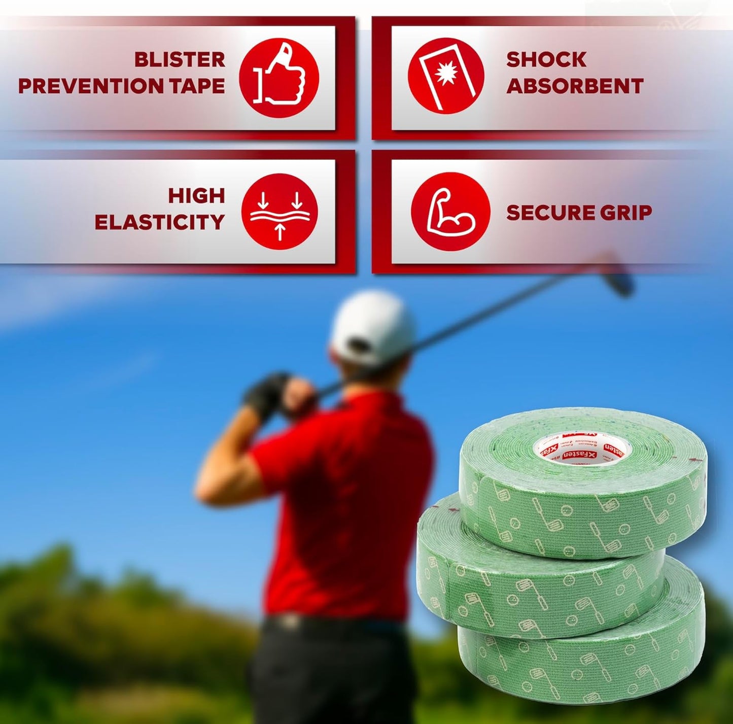 XFasten Golf Tape for Fingers Precut Strips - Waterproof Golf Finger Tape Grip, Athletic Blister Protection Sports Wrap Strips, 4-Way Stretch, Soft-Edged, Sweatproof, and Residue-Free