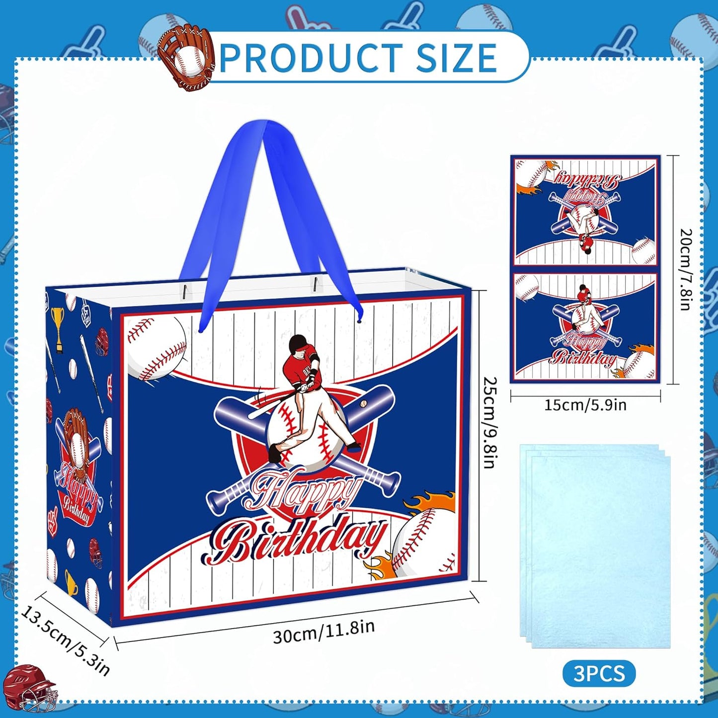 EoBeCy Baseball Birthday Gift Bag with Tissue Paper and Greeting Card, Large Baseball Wrapping Paper Bags, Happy Birthday Gift Wrap Bags for Men Boys Kids Teens Sports Themed Party Favors