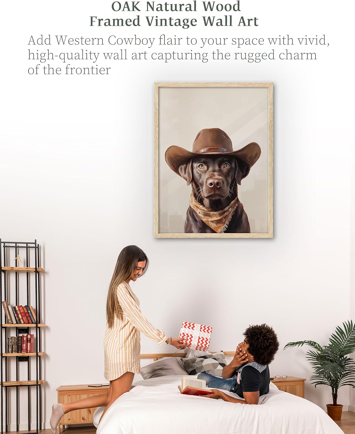 iHery Natural OAK Wood Labrador Dog Cowgirl Hat Framed Wall Art, 12x16 in Neutral Aesthetic Western Trendy Canvas Wall Art Decor For Bedroom, Funky Cute Dog Prints Bathroom Living Room Set of 1