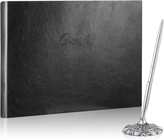 Leather Guest Book and Pen Stand Set, 10.5" x 8" Embossed Guests Sign in Book Registry Book for Funeral, Wedding Reception, Vacation Homes and Events, 80 Sheets (Black)
