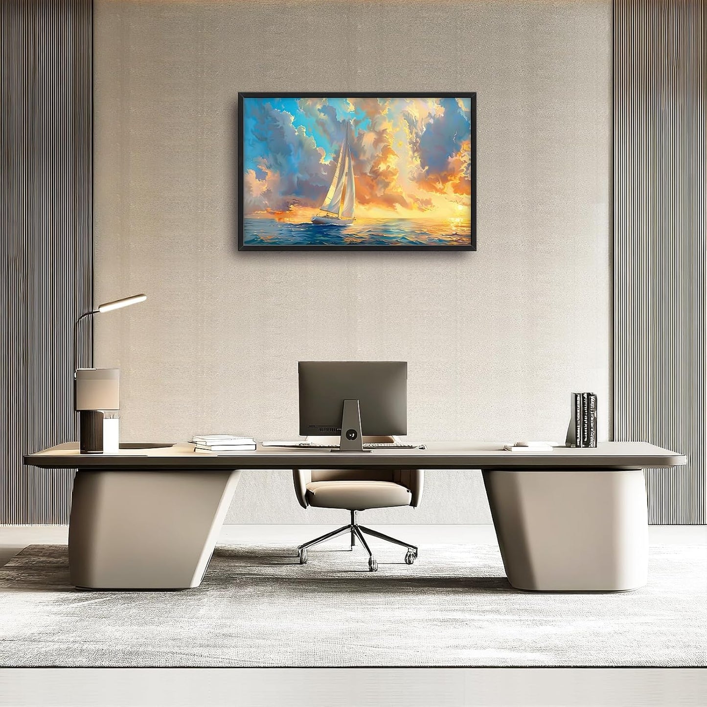 Large Ocean Sailboat Framed Wall Art for Living Room Blue Coastal Pictures Wall Decor Ocean Canvas Print Painting Artwork Modern Home Decorations for Living Room Bedroom Office 36x24 inch