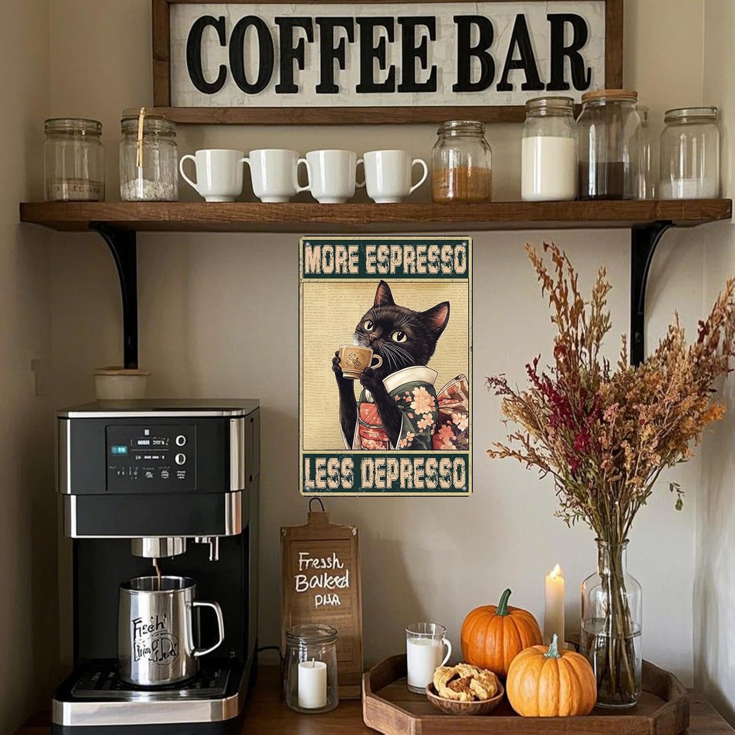 Coffee Cat Metal Posters More Espresso Less Depresso Metal Tin Sign Kimono Cat Bar Pub Sign Poster Home Decor Garage Bar Poster 12x8 Inch