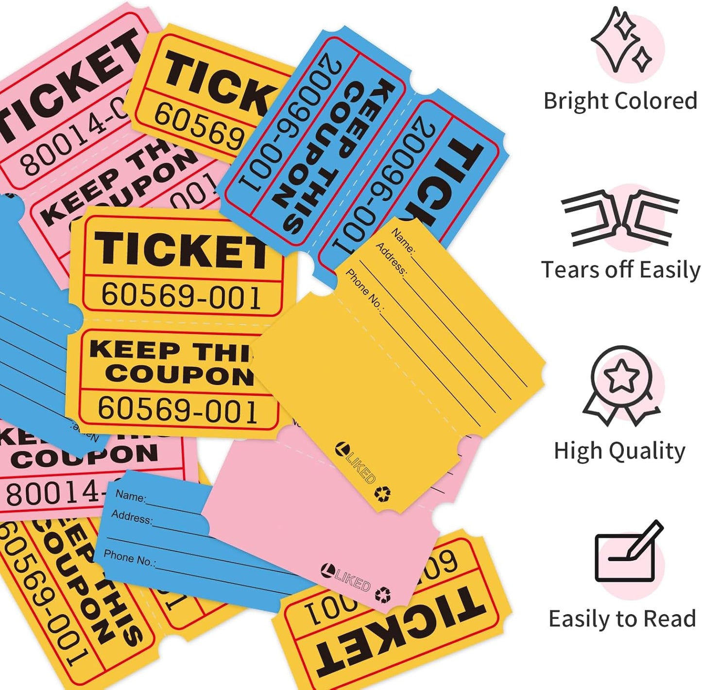 L LIKED 3000 Pcs Raffle Tickets - 3 Color Set of 1000 Pcs 2" x 2" Double Roll Consecutively Numbered 50/50 Tickets for Events& Door Prize- Blue/Yellow/Pink