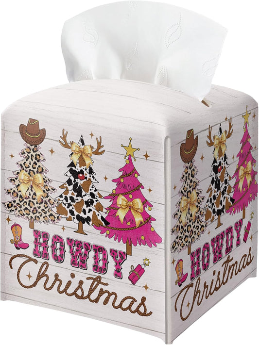 Christmas Tissue Box Holder, Pink Western Cowboy Christmas Trees Leather Tissue Box Cover Square, Coquette Xmas Bow Paper Facial Decorative Tissues Cover for Bathroom Office Home Decor-B04
