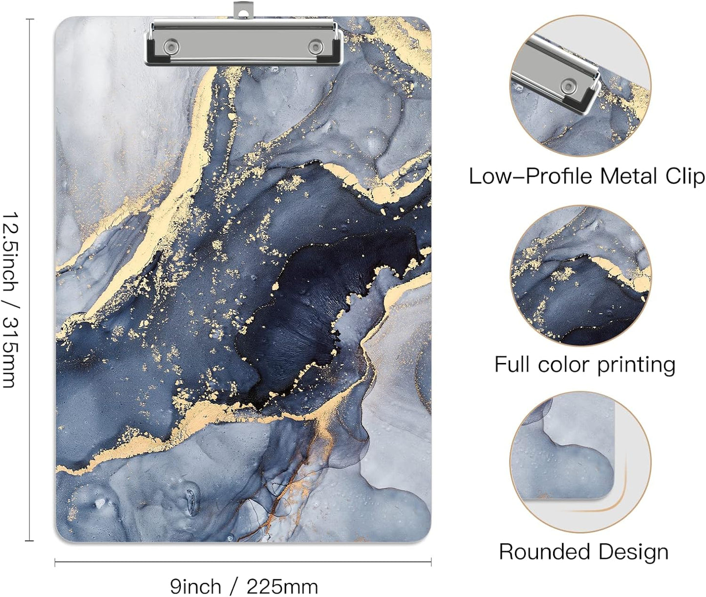 Plastic A4 Clipboards, Cute Clip Board Stardard Letter Size 9 x 12.5 in, Office Decorative for Students Women Men and Kids, Black Gold Marble