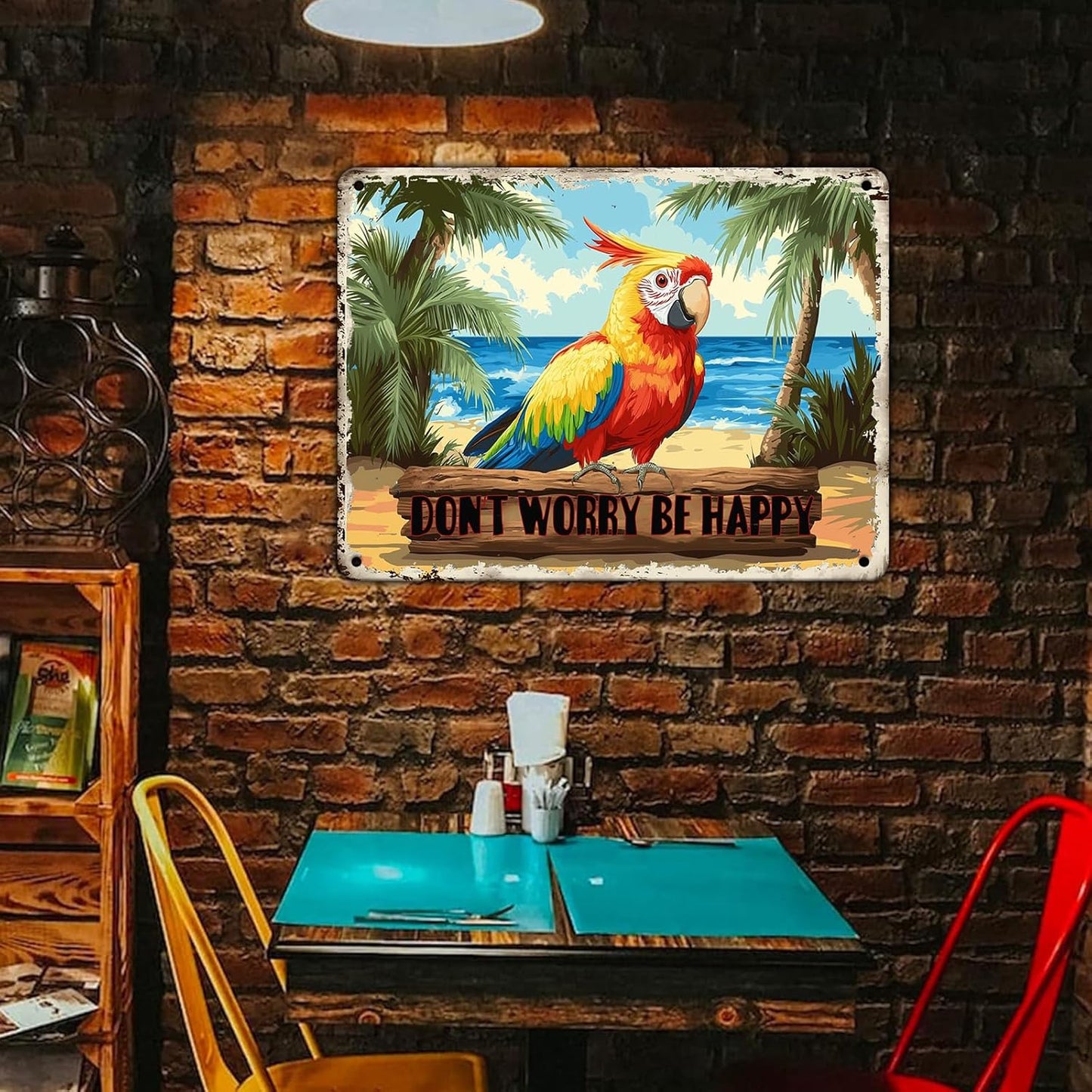 Creative Vintage Tin Metal Sign Don'T Worry Be Happy The Beach Parrot Iron Sign For Friend Porch Backyard Bar Outdoor Patio 12x8 Inch