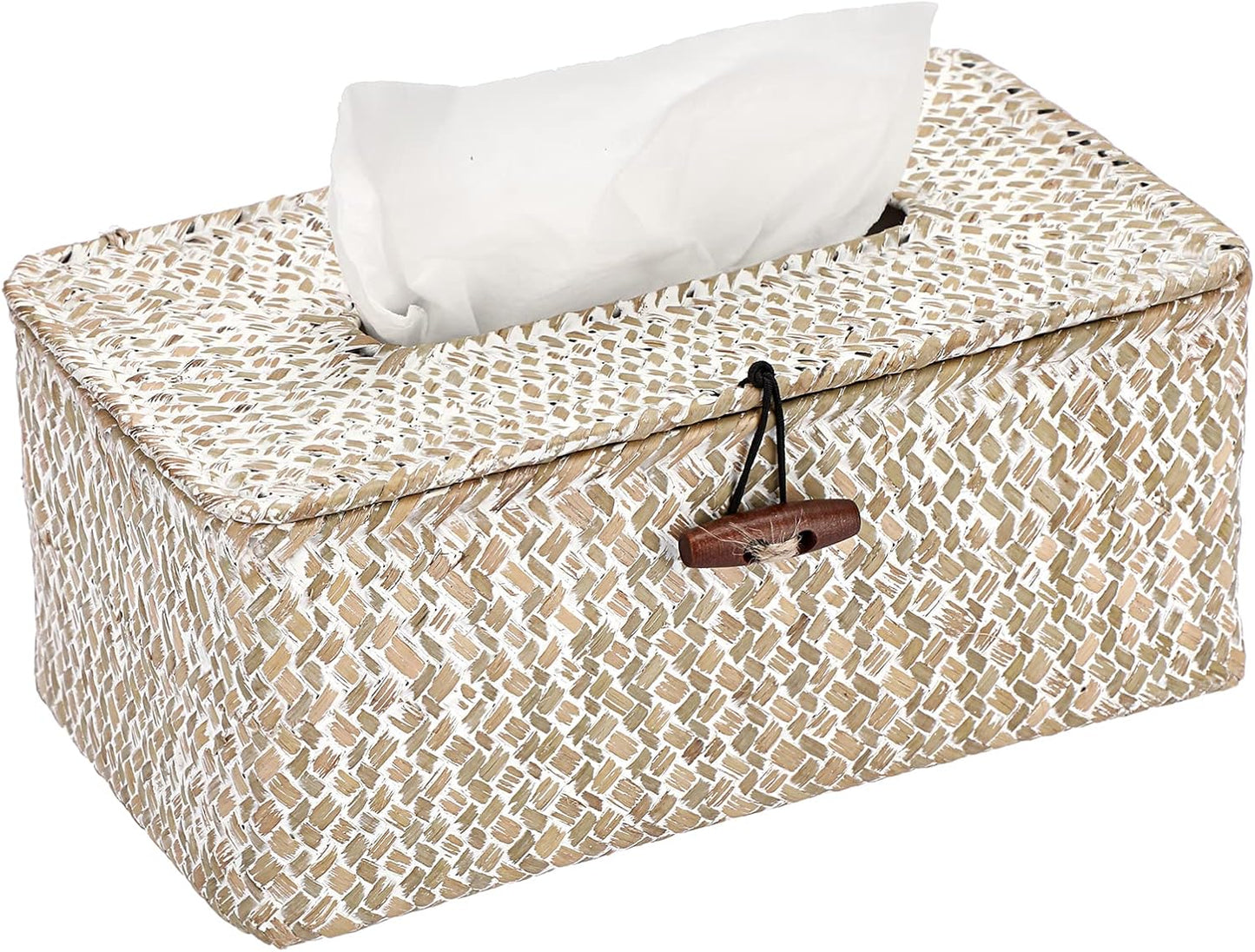Sumnacon Rectangle Natural Seagrass Tissue Box Cover,Woven Tissue Box with Bottom,Farmhouse Tissue Box Holder for Living Room Bathroom Vanity Toilet Table Desk Countertop Office Car,Whitewash