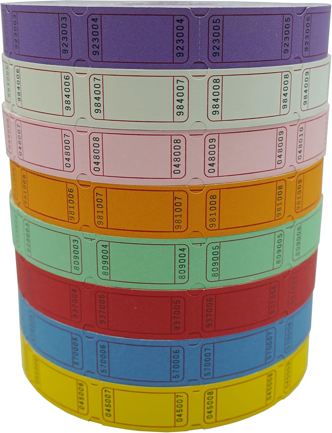 DNB 16000 Pcs Raffle Tickets - 8 Color Set of 2000 Pcs 2 x 1 Inch Single Roll Consecutively Numbered Blank Tickets - Pink/Red/White/Green/Blue/Yellow/Orange/Purple
