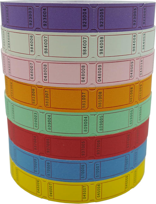 DNB 16000 Pcs Raffle Tickets - 8 Color Set of 2000 Pcs 2 x 1 Inch Single Roll Consecutively Numbered Blank Tickets - Pink/Red/White/Green/Blue/Yellow/Orange/Purple