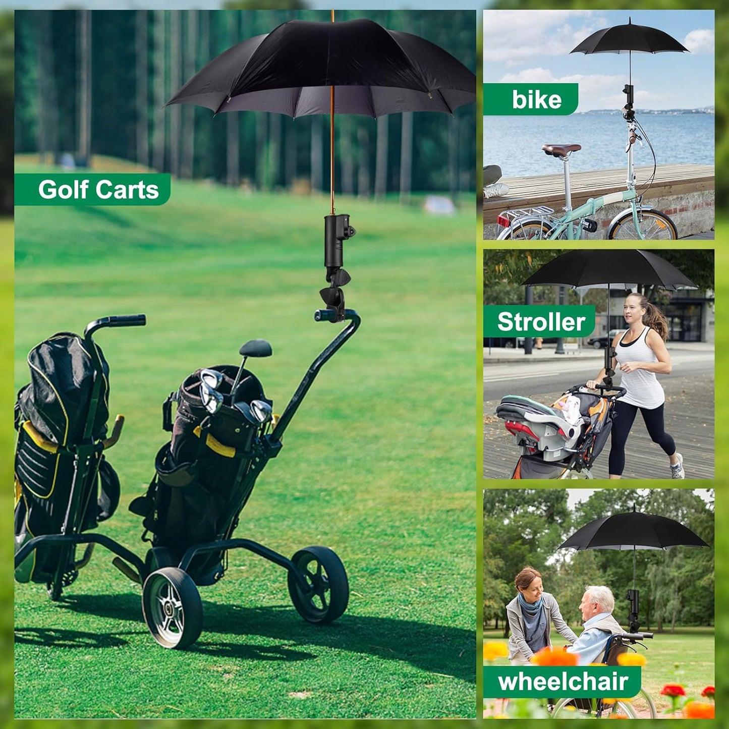 Golf Push Cart Umbrella Holder 180 Degrees Adjustable Golf Trolley Umbrella Holder, Universal Umbrella Stand Attachment for Golf Cart/Stroller/Wheelchair/Bike
