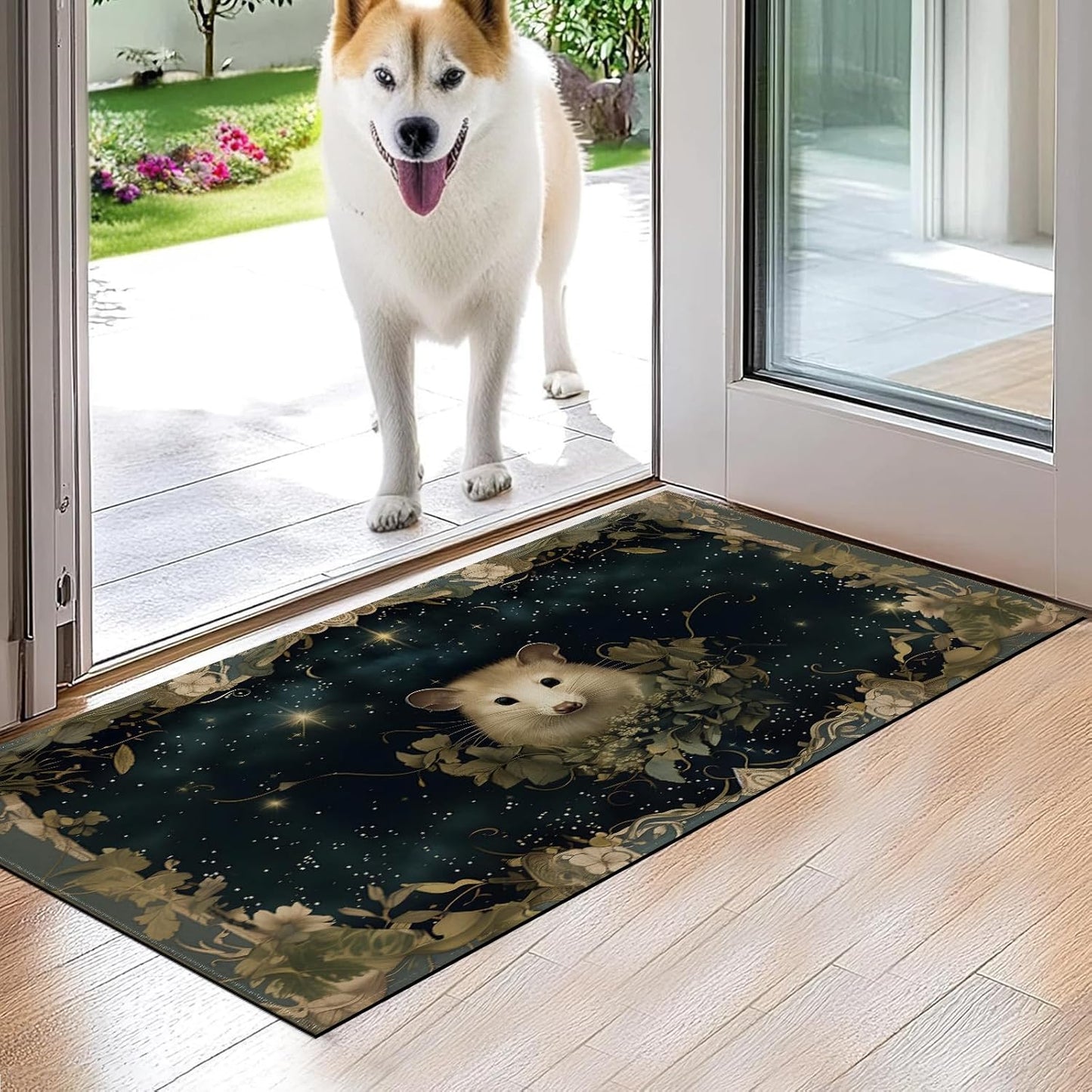 Vintage Opossum Indoor Door Mat,Retro Possum Floral Frame Floor Doormat,17x29.5in,Non Woven Non Slip Rubber Backing Animal Rug for Porch Insider,Bedroom,Kitchen,Doormats Gifts,Rv Camper Decor