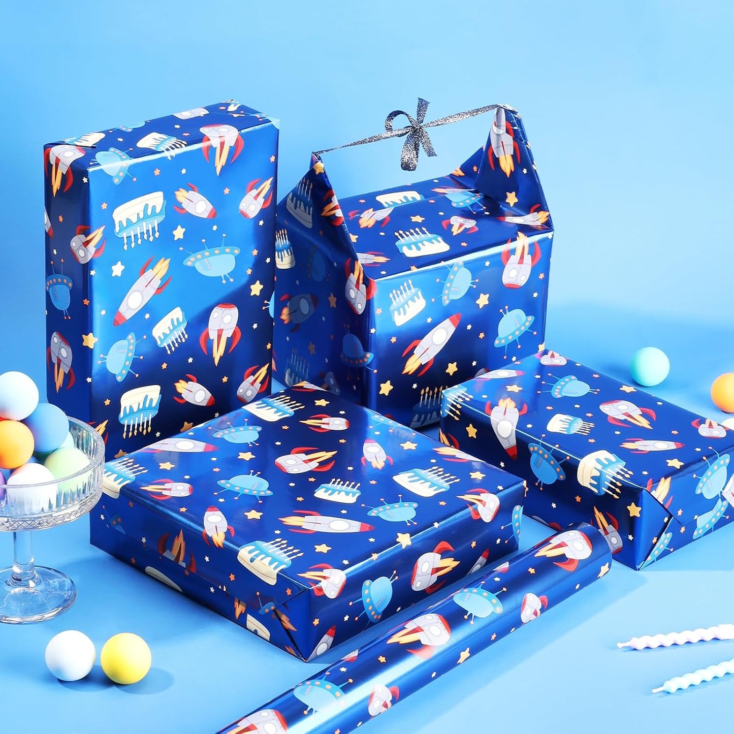LaRibbons Space Wrapping Paper Mini Roll, Blue Spaceship and Birthday Cake Design with Metallic Foil Shine, Perfect for Kids and Boys Birthdays, 17" x 33' (46.7 sq. ft.)