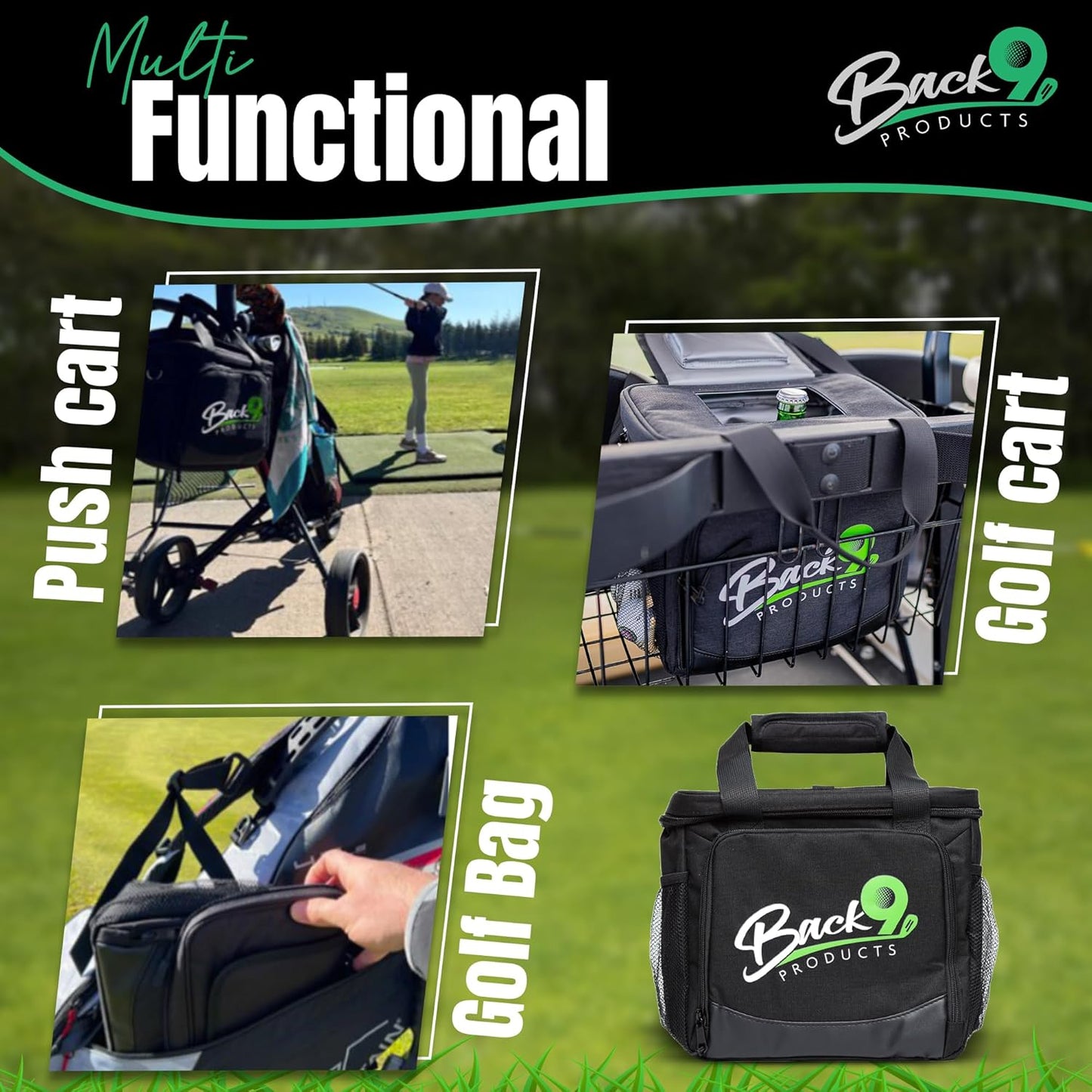 Back9Products Golf Cart Cooler Bag with Magnetic Lid - 12 Can Soft Sided Insulated Cooler, Leakproof & Waterproof - Portable Cooler for Push Carts, Work, Camping, Travel, Men & Womens Gifts