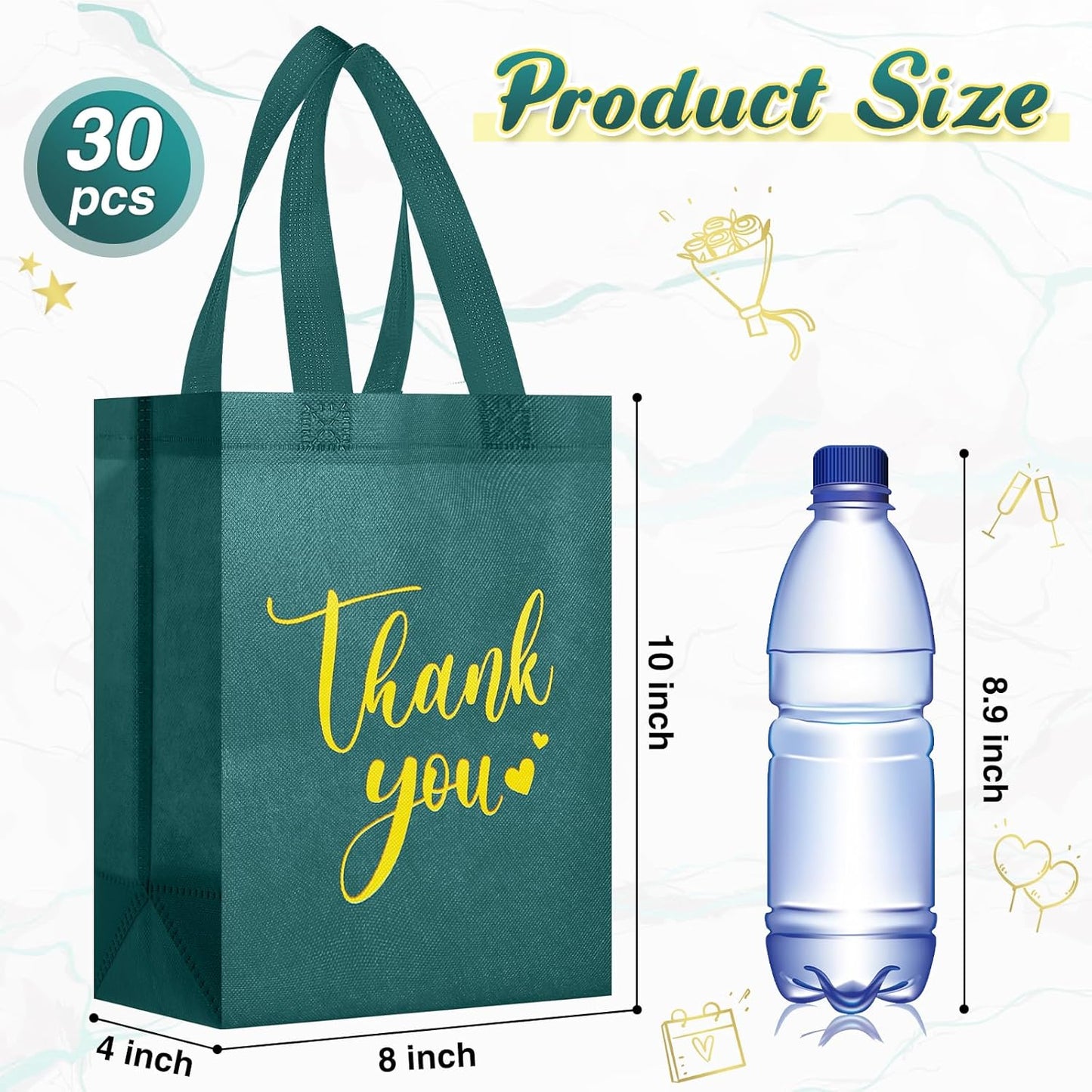 Sweetude 30 Pcs Thank You Gift Bags with Handles Bulk Reusable Goodie Bag Non Woven Foldable Handbag for Graduation Wedding Bridesmaid Gifts(10 x 8 x 4 Inch,Dark Green)