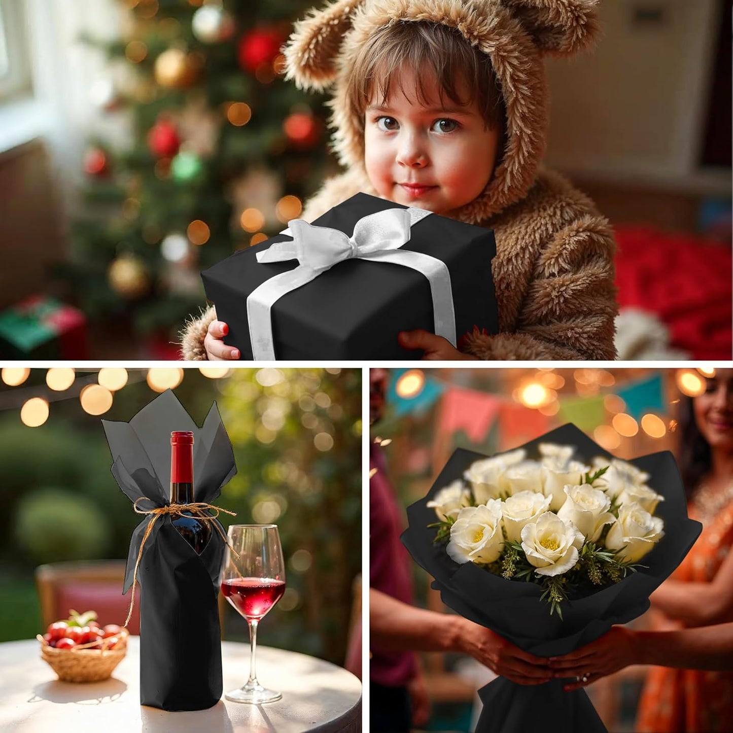 SANZIX 150 Sheets Black Tissue Paper for Gift Bags Bulk 14x20 Inch- Black Wrapping Paper for Christmas Gifts, Xmas Decorations, DIY, Halloween, Holiday Décor - Black Christmas Wrapping Paper