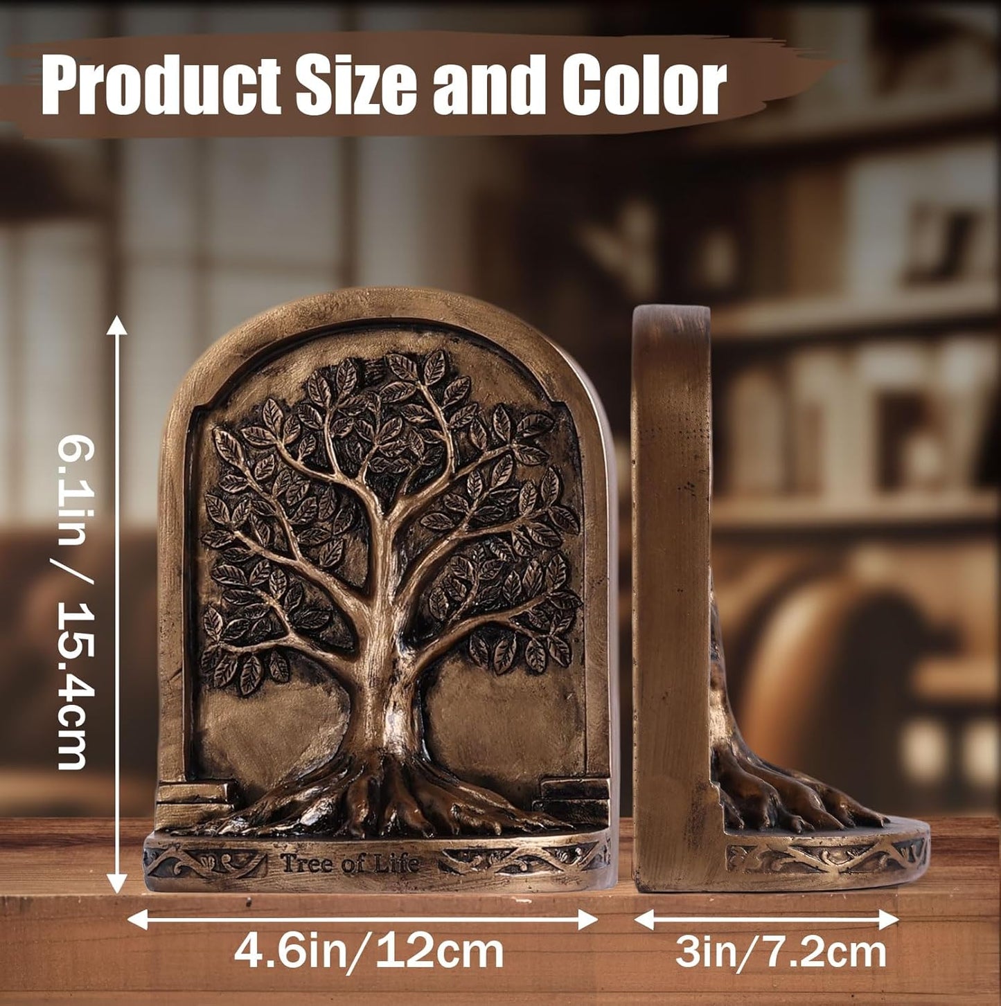 Vintage Bronze Finish Tree of Life Bookends Set, 2 Non-Skid Heavy Bookends for Shelves or Bookcase, Decorative Bookends for Desktop Shelf Decor, Library Office Decor, Home Décor Gift