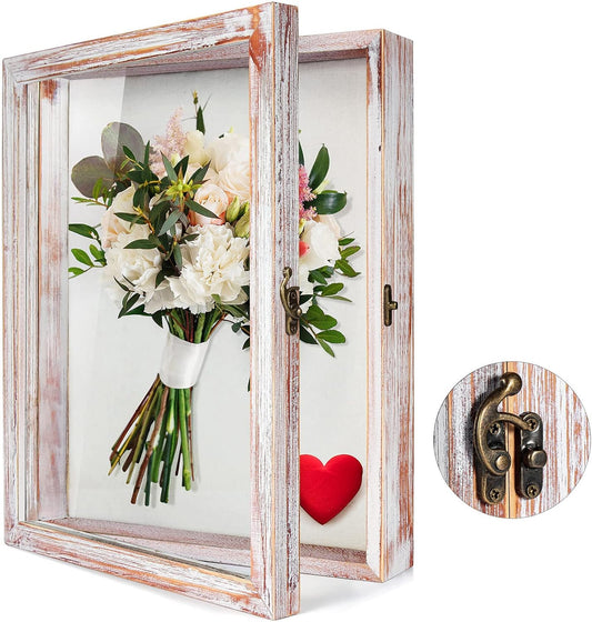 TJ.MOREE Flowers Shadow Box Display Case 11 x 14 Large Shadow Box Frame with Glass Window Door Deep Depth Picture Frame Wedding Bouquet Memorabilia Medals Photos Memory Box for Keepsakes - White Pink
