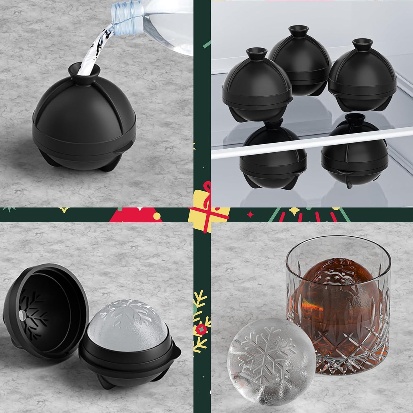 Novelty Christmas Tree Snowflake Ice Ball Maker Mold Set of 2, Christmas Ornament Ice Molds, 2.4" Large Holiday Round Whiskey Ice Cube Mold for Bourbon, Cocktails, Gifts for Men